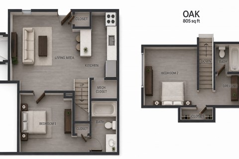 Floor plan for 2 beds, 2 baths, 805 sqft